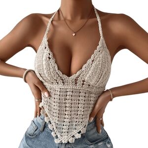 SHEIN Cream/Beige Boho Crochet Hanky Hem Backless Halter Tankini Top, Sz M